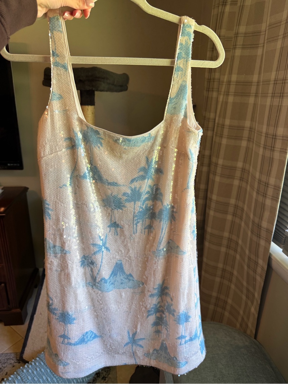 Gianni Bini Cream Mini Dress with Blue Sequin Tropical Print, 2